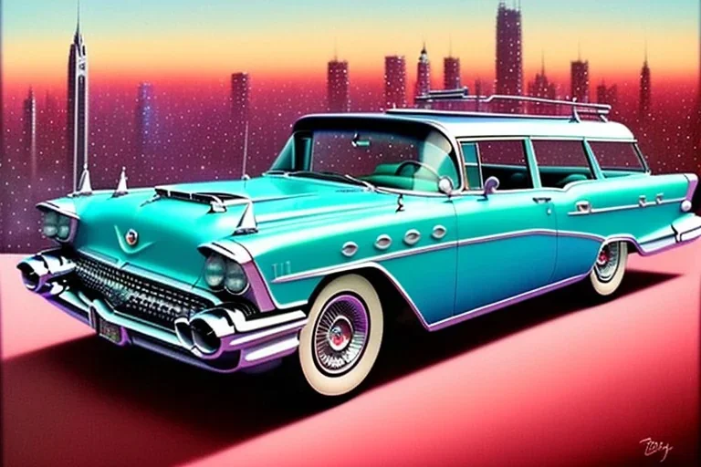 a true-to-life 1957 buick century caballero wagon, centered, intricate, extreme detailed, photorealism, center view, city background, pivot on buick, pen and color marker painting by cheryl kelley