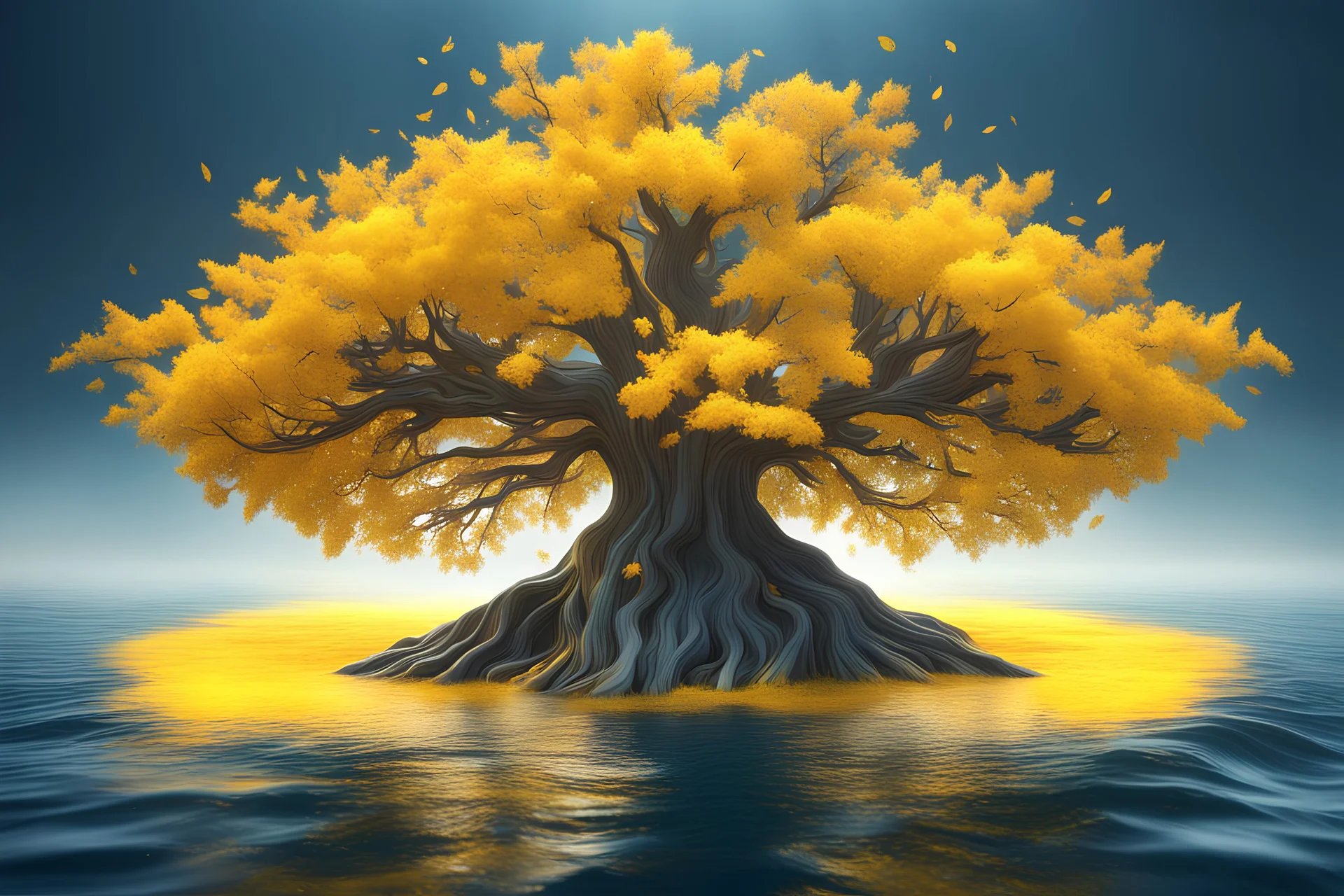 A 3D rendering of a tree with bright yellow leaves and an abstract style in the middle of the ocean the size of a mountain