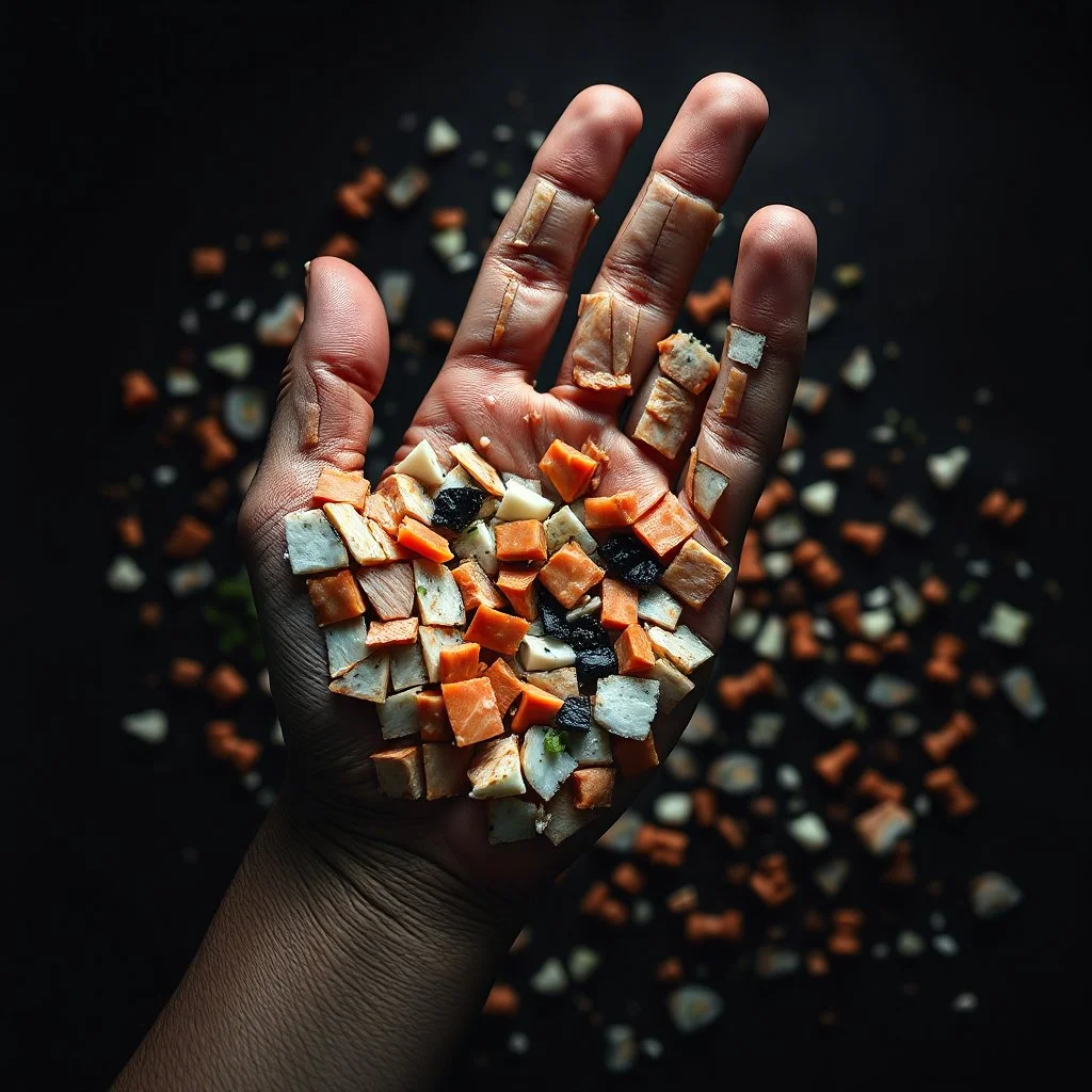 real photograph made on a gopro hero 11 camera, down-shot of a mosaic of sushi pieces making a hand, dark negative space,