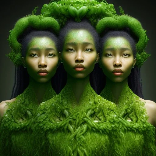 Painting .three women. the faces of three young black women. wood nymphs emerging from the forest. Her hair looks like vines. Dreadlocs. Her skin is the colour of dark soil. Her skin looks like tree bark. Her clothing is made of vines, grass and leaves.