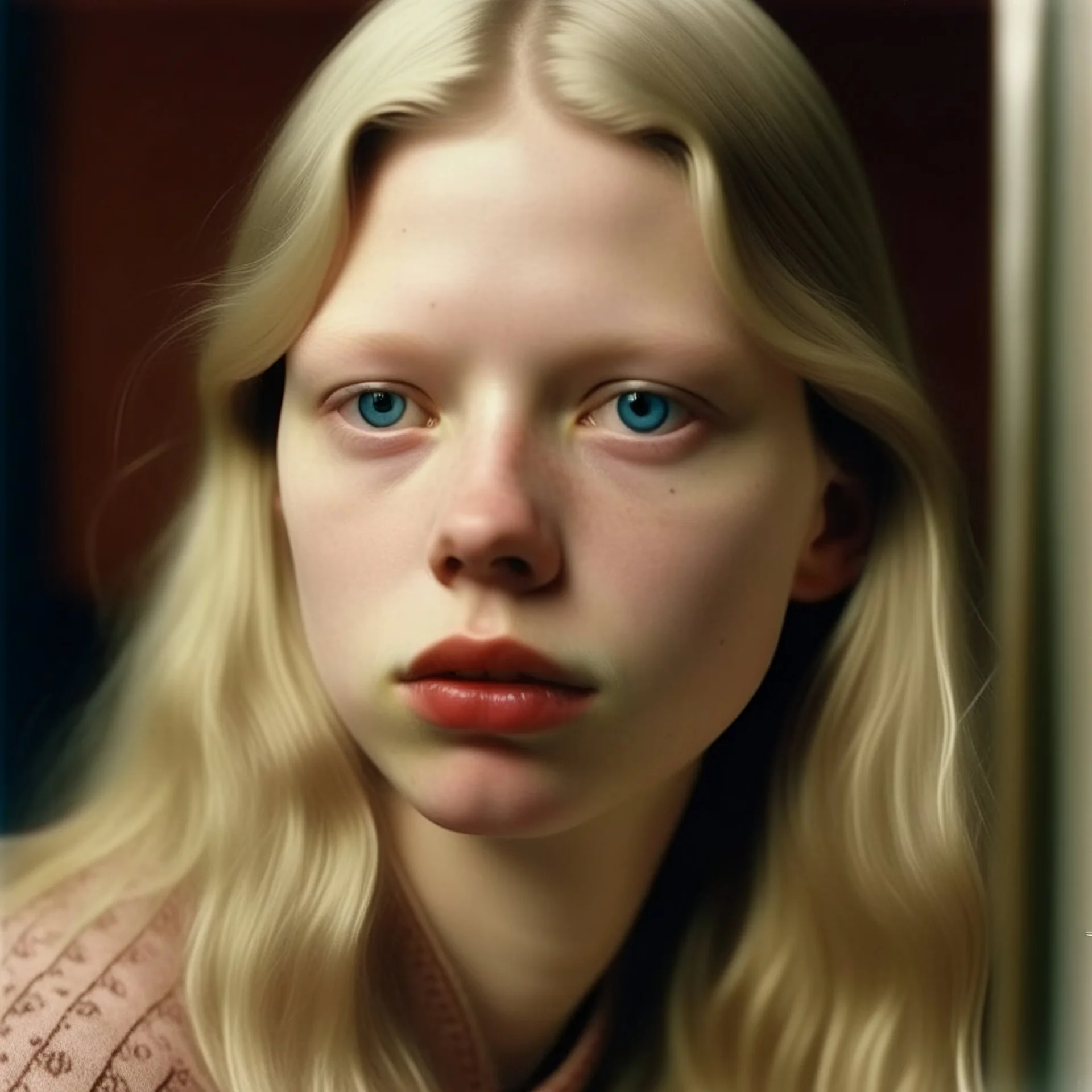 Platinum Blond Actress Mia Goth, 1970s,there are freckles on her cheeks, no eyebrows, pouty lips, red cheeks and nose, wierd face, polaroid