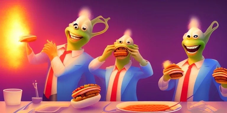 two aliens in New York eating hotdogs