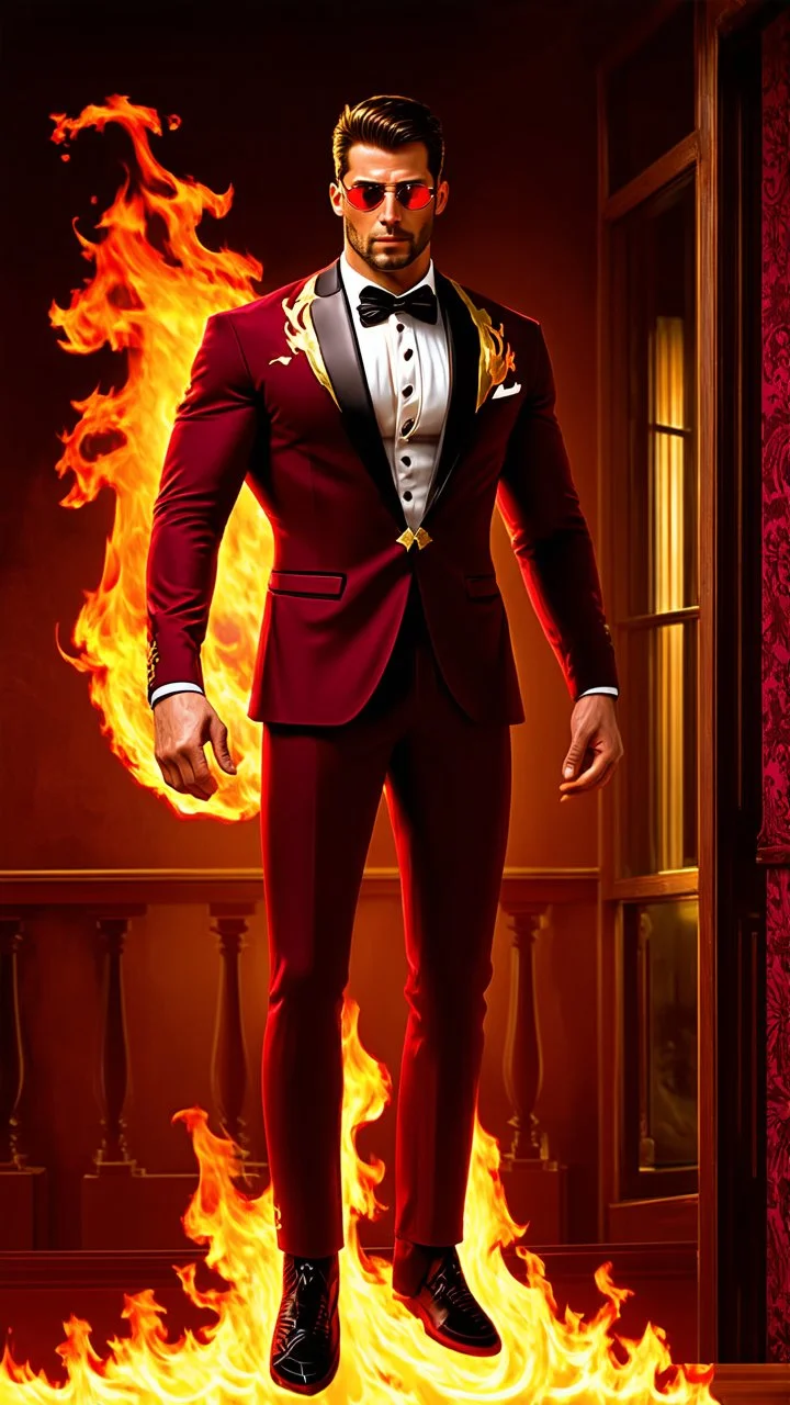 Hyper Realistic Photographic View of a handsome muscular Fire-Superhero wearing long-fancy-Maroon-tuxedo with-golden-flame-patterns on it & wearing fancy-red-sunglasses with flame-embers-around-him & standing on a vintage-crafted-balcony & maroon-open-fancy-windows & fancy-damask-wallpapers on walls at dark night showing dramatic & cinematic ambiance.