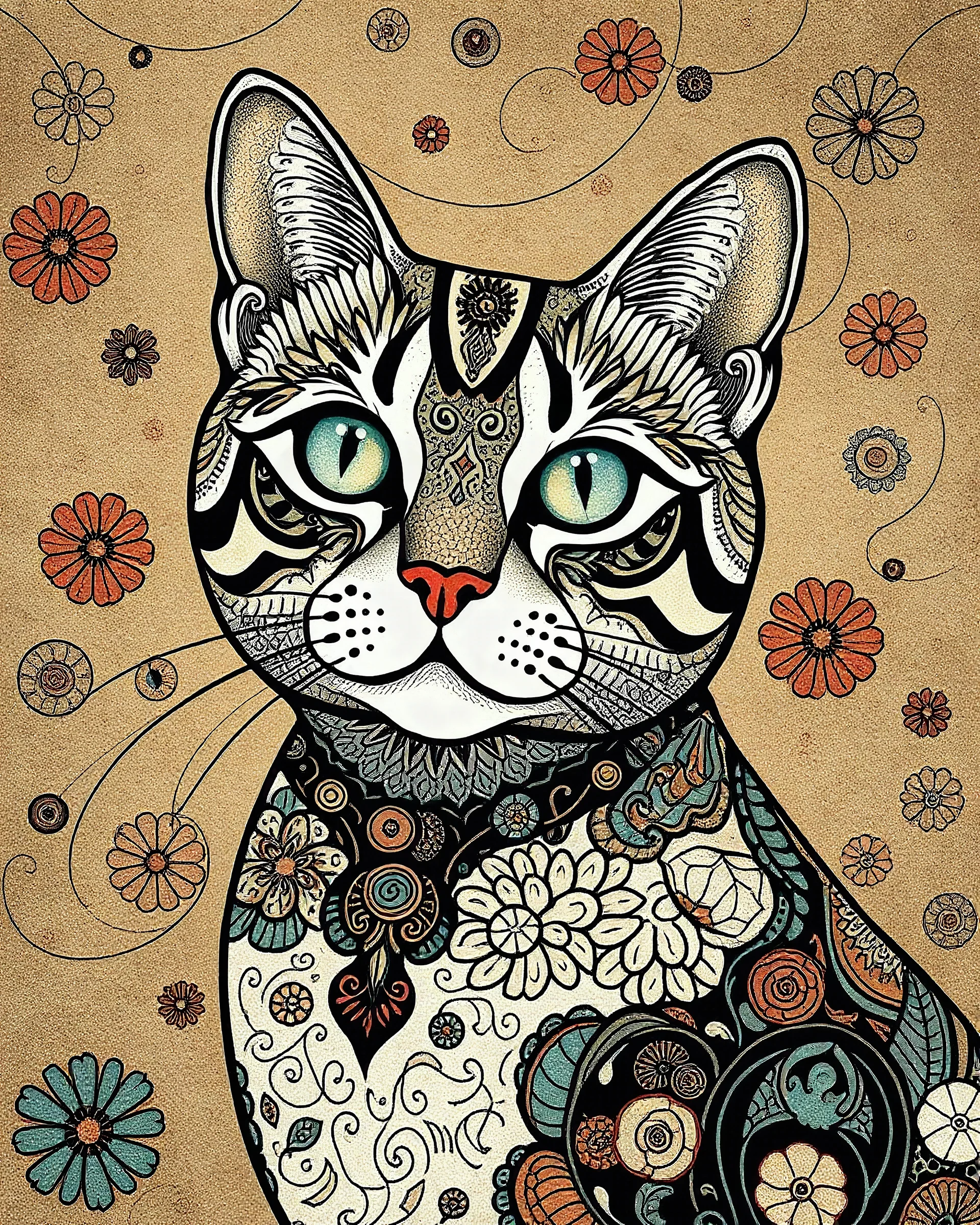 A beautiful cat illustration in zentangle patterns in the old world aesthetics in muted colors in artistic style of gustav Klimt