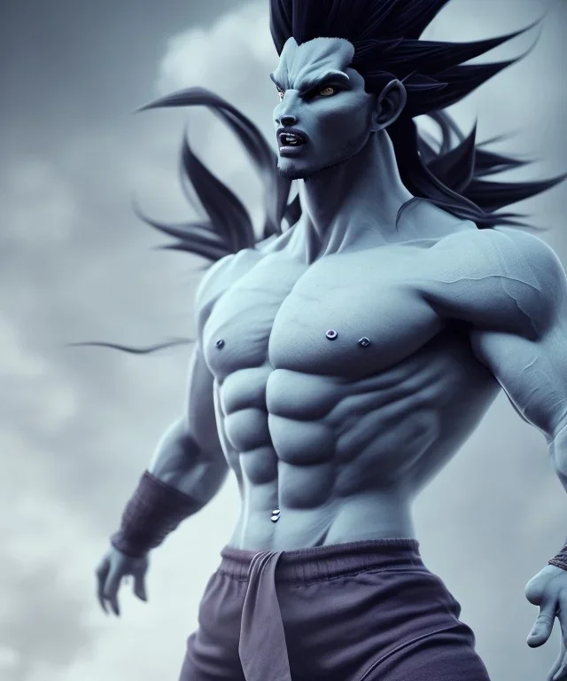 Goku, avatar, white and purple lines hair, fighting pose, muscular body, shirtless, volumetric details, hyper realism, unreal engine 5