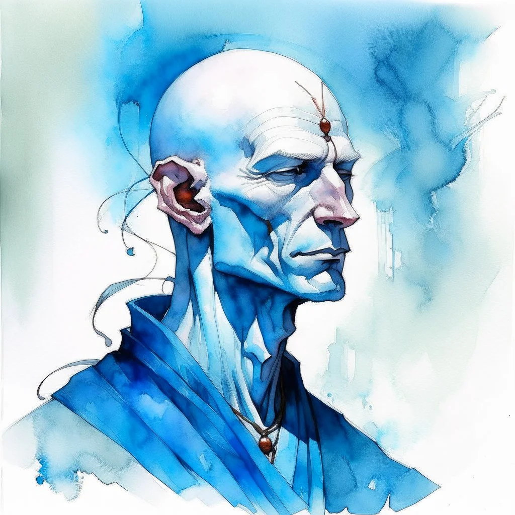 dnd, fantasy, watercolour, humongous strokes, stylistic, portrait, illustration, dull colours, man, face, enlightened, elegant, bald, clean shaven, blue skin
