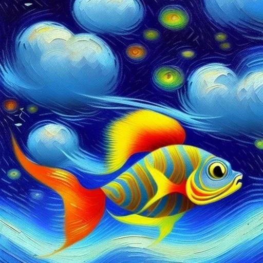 Dibujo al oleo de un pez con nubes de colores estilo Vincent van Gogh