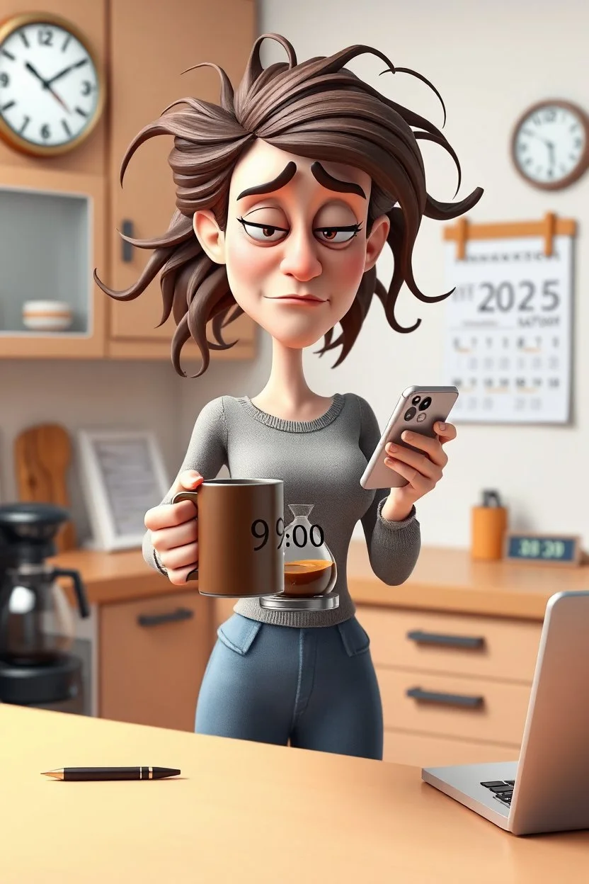 3d disney cartoon style, a tangled-haired, sleepy, cranky, nervous woman is standing with an hourglass mug in her hand, the mug says "coffee", she shows the camera the display of her mobile phone, which shows 9:00, behind her is coffee flowing from the coffee maker onto the kitchen counter, a coffee mug a half sock, pen, glasses, laptop on the counter, one 2025 calendar on the wall, the wall clock shows 8 o'clock, the micro digital clock shows 8:30, little morning light, funny and surreal