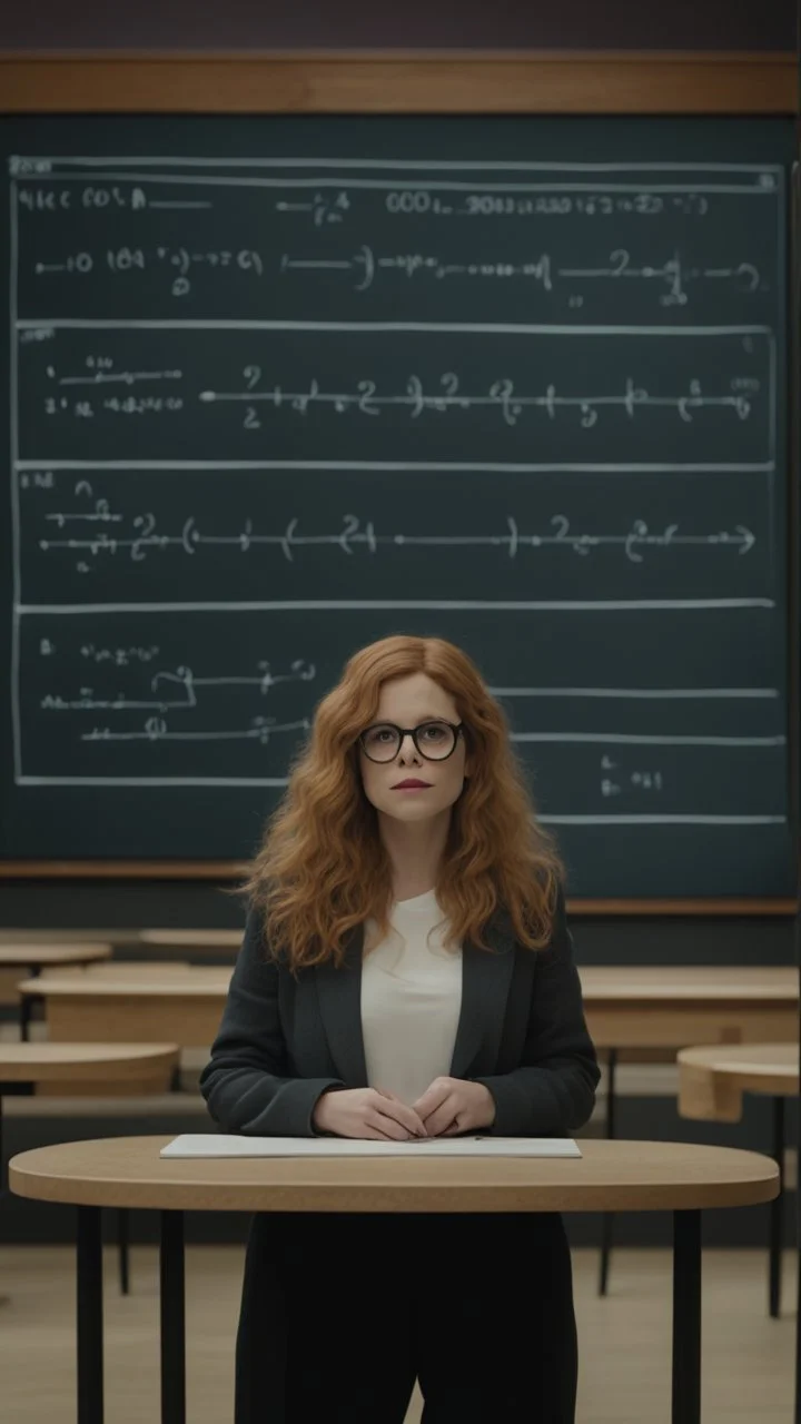 Empty amphitheater [snapshot of Russian Doll TV series by Natasha Lyonne, Leslye Headland, and Amy Poehler, (2019)] In front of the blackboard with complex mathematical probability formulas and functional curves, an empty amphitheater