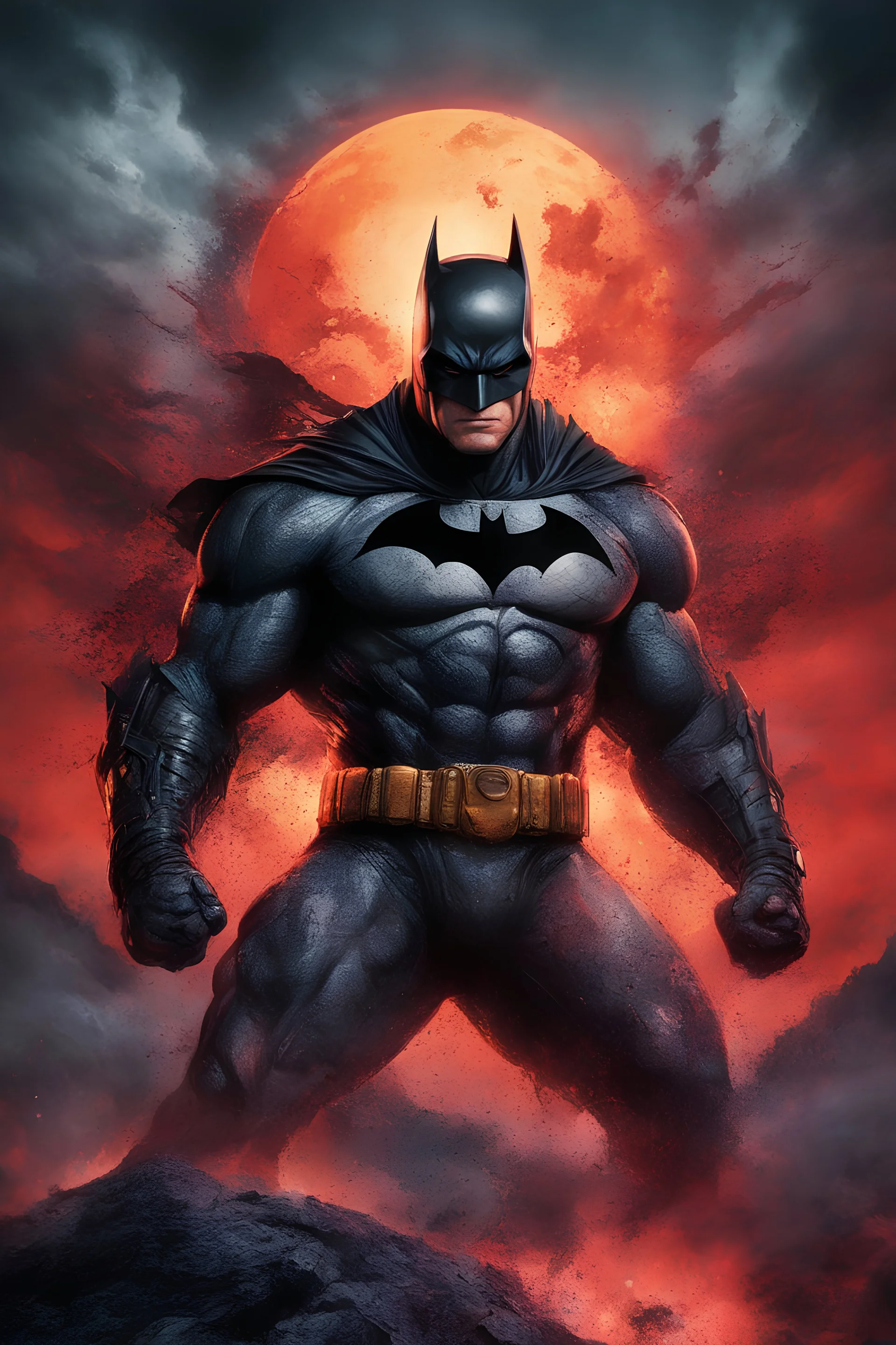 Batman, Strong, athletic physique, action poses, battle scars, blood, foggy, cloudy background, multicolored lightning, flowing lava, Full Eclipse, aliens, explosions, bright, vibrant, extremely colorful, detailed, blood red skies.