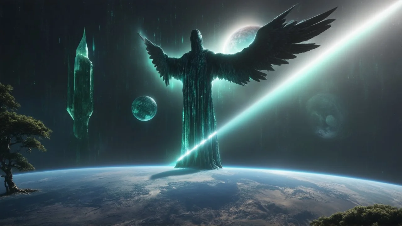 matrix universe, space, planets, god creation, angels from other dimensions with beautiful wings, trees on the planet, behind green crystals of light, few tiberium monolith deposits on the planet near tree,