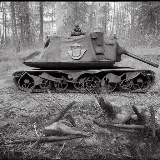 ww1 german tank with soldiers in a forest durer style black & white