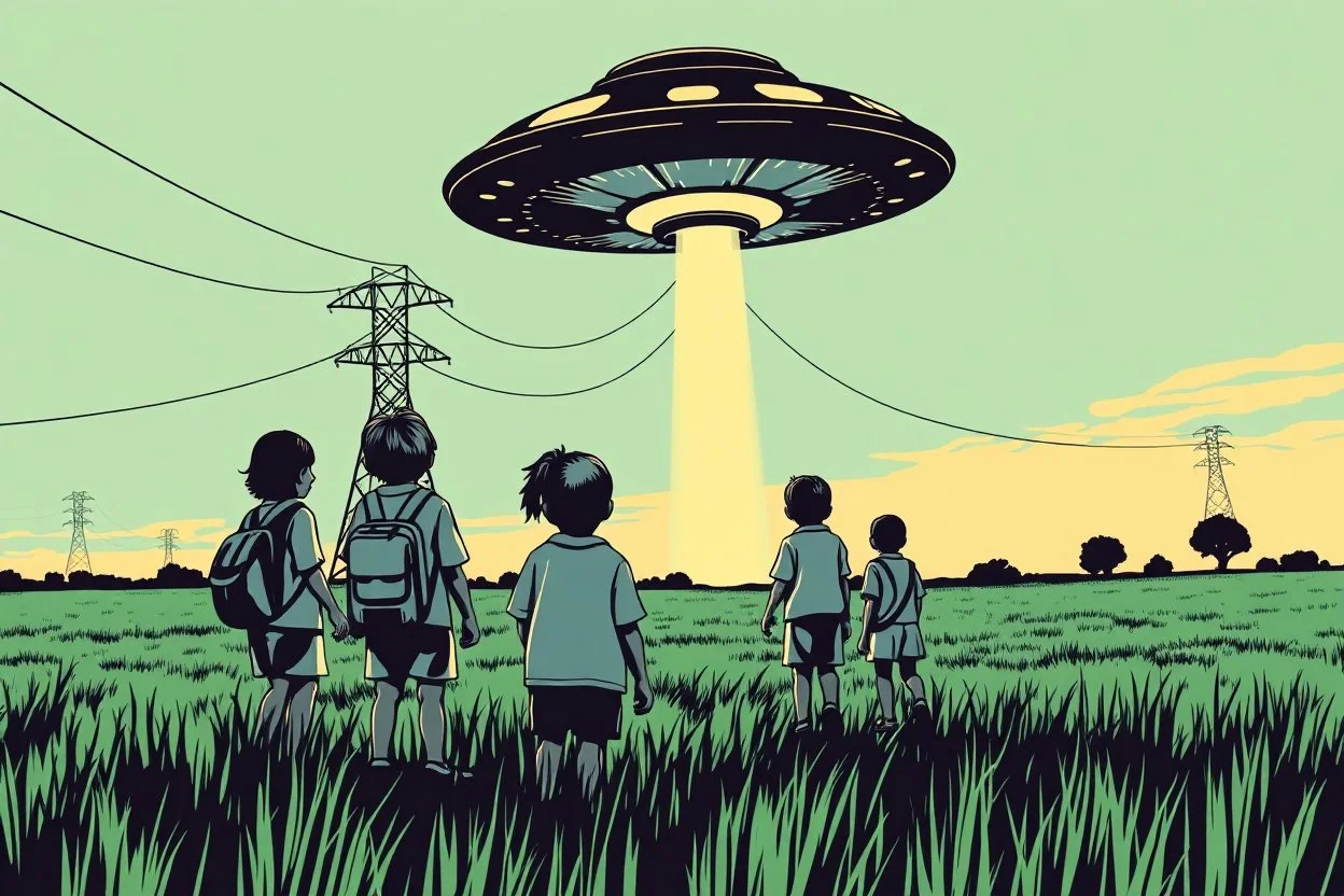 bumper sticker design, westall in bold heading text ufo 1966, lots of school children looking up in a field with high voltage powerline and gumtree's, mysterious cool, bold