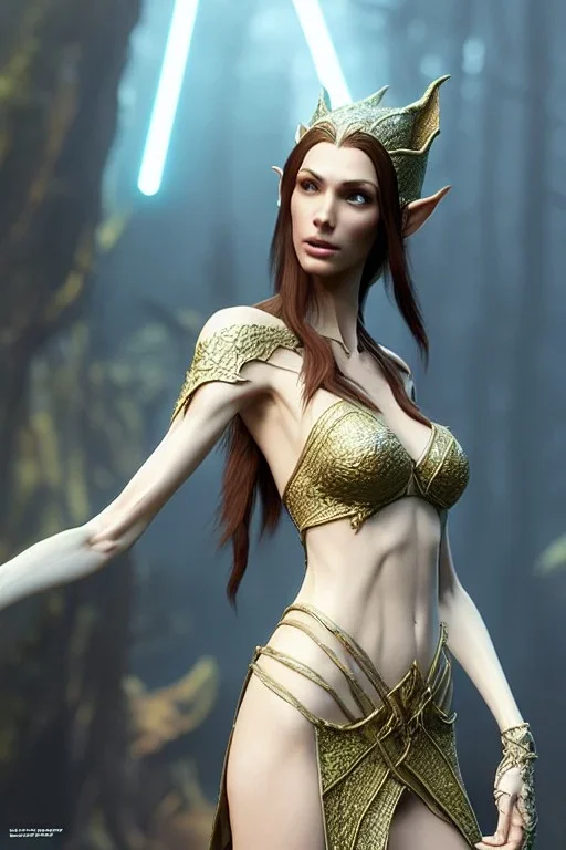 painting of a tall elven young woman with short light brune hair and freckles on the cheak bones and tall body of a topmodel light clothes, long shot, ultra realistic, concept art, intricate details, eerie, highly detailed, photorealistic, sharp focus, octane render, 8 k, unreal engine. art by artgerm and greg rutkowski and charlie bowater and magali villeneuve and alphonse mucha