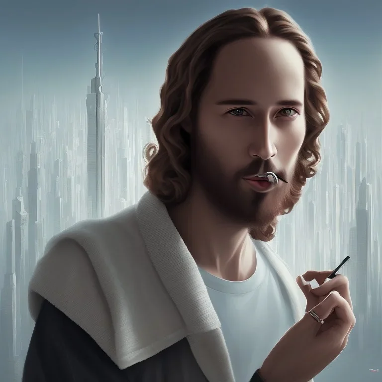 Portrait of Jesus, cigarette in mouth, futuristic city in background