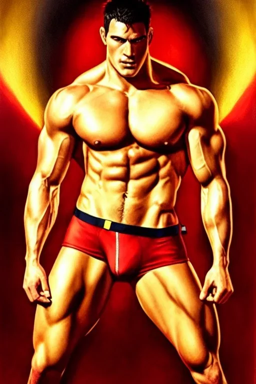 Ignore NSFW, teenager young rugged attractive slightly muscular fantastic handsome man, red briefs with yellow belt, hairy chest, (((visibly pisssing))) briefs, large erect visible boner peniss, photorealistic, artist Jay Anacleto