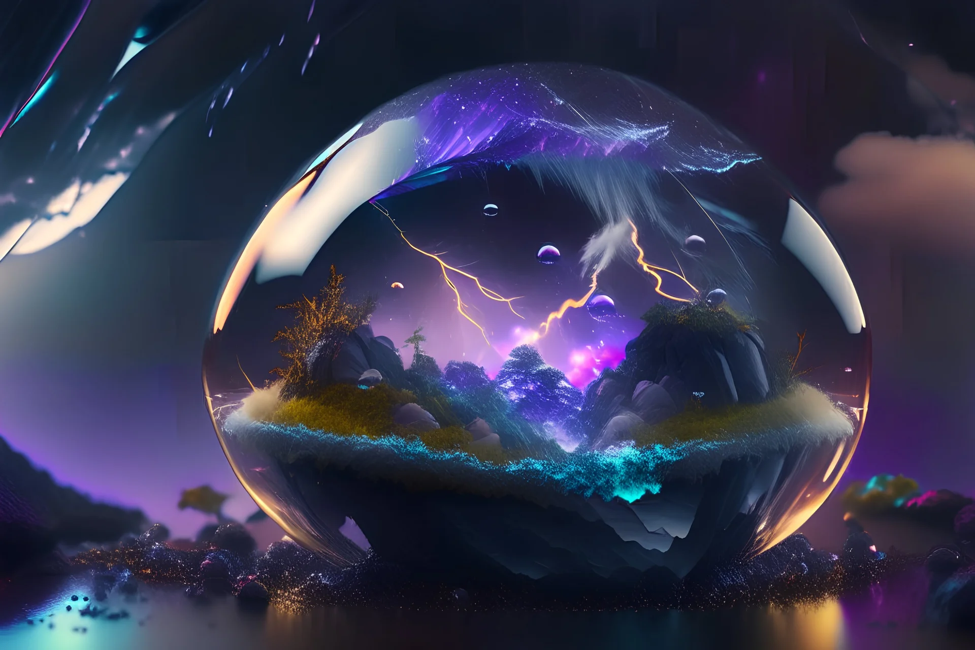 chibli mini–thunderstorm event inside a glass sphere, sitting on a rock and small piece of land of a fantasy dream world, lightning soft thunder clouds, Crystalline rain drops, puffs of coloured smoke, object photography, fractal art, inspired by the style of Frank Neidhardt, 8k, Unreal Engine 5 UHD, tilt-shift, award winning photography