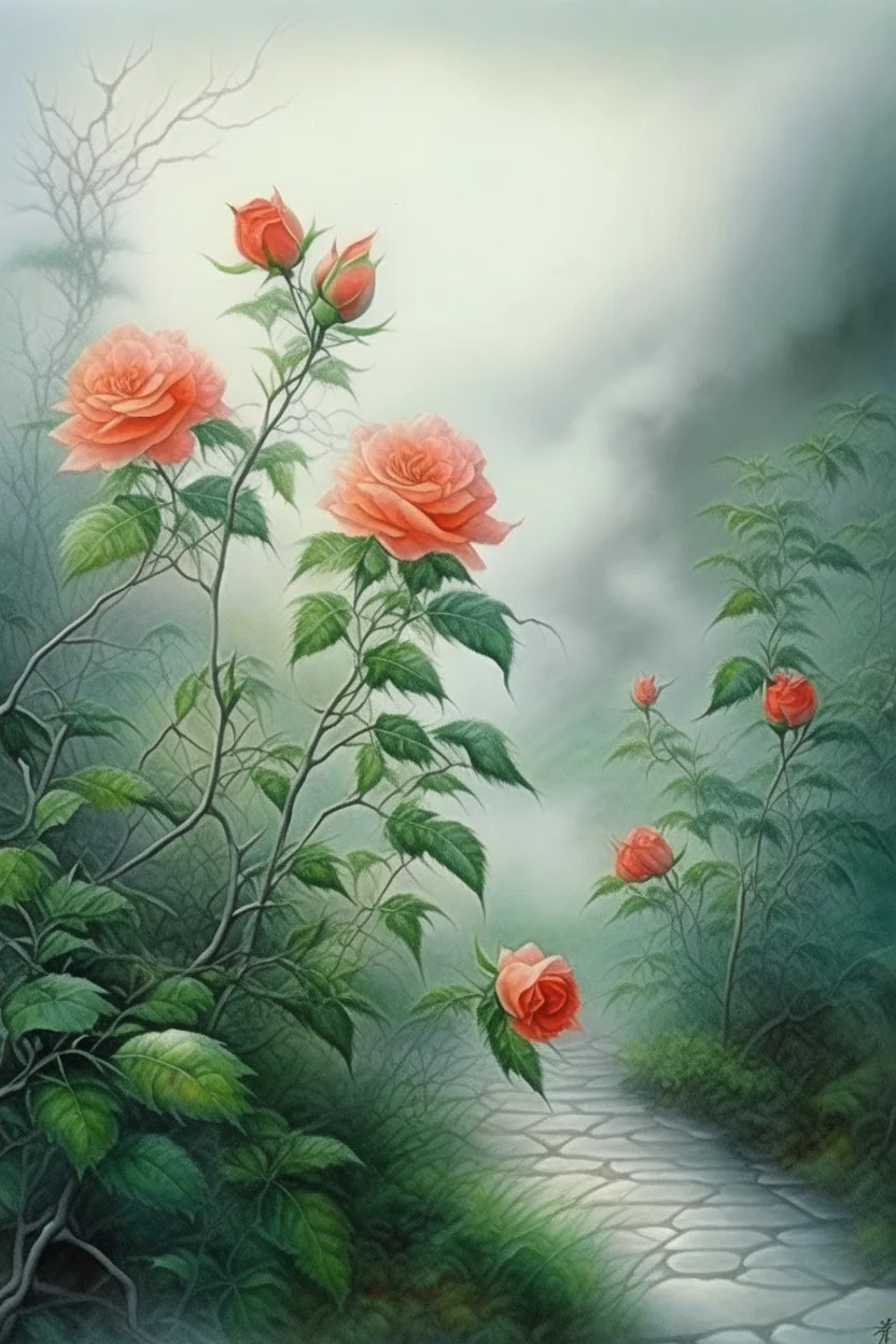 81. Watercolor, double Chinese rose bush, ultra-detailed, morning, rain, greenery, beautiful landscape, fog, many details, delicate sensuality, realistic, high quality, 3d, work of art, hyperdetalization, filigree, foggy haze background, hyperrealism, professional, transparent, delicate pastel tones, back lighting, contrast, fantastic, unreal, translucent, glowing, clear lines, epic fabulous, fabulous landscape, hyperrealism