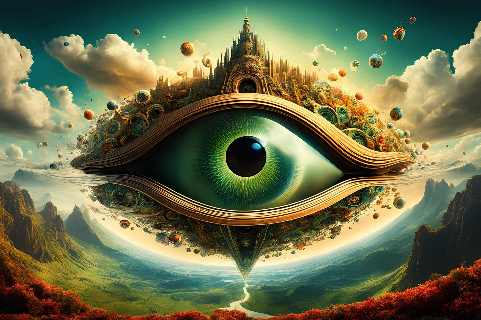 create a neo -surrealist infinite eye of perception digital composite illustration, by George Grie, rich complimentary colors, abstract, and highly detailed