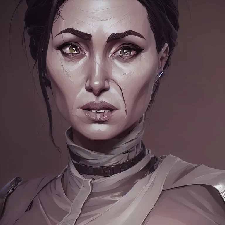 old Angelina Jolie in armor by greg rutkowskiб close up film photo, unreal engine, octane render, trending on artstation, highly detailed, studio lighting, professional, professional ominous concept art, by artgerm and greg rutkowski, an intricate, elegant, highly detailed digital painting, concept art, smooth, sharp focus, illustration, in the style of simon stalenhag, wayne barlowe, and igor kieryluk.