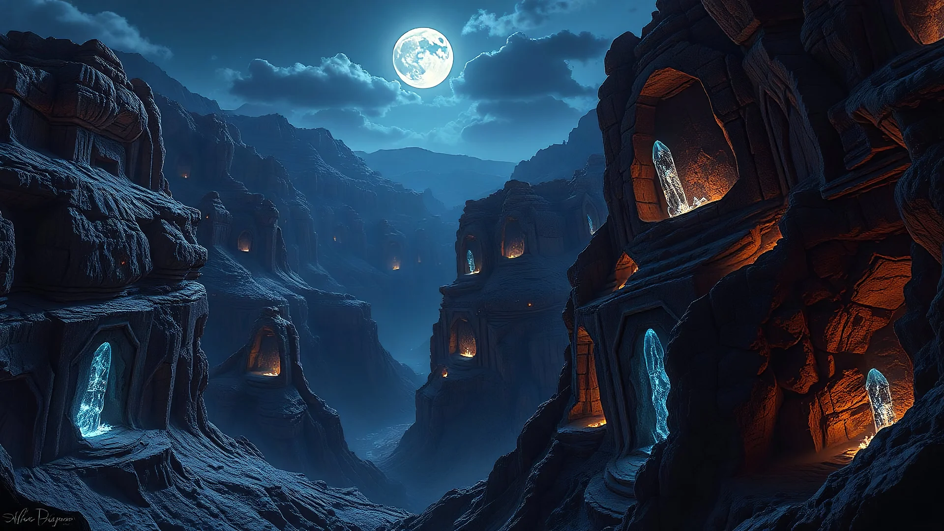 Fantasy canyon landscape bathed in moonlight, glowing crystal formations embedded in the cliffs, stock photography realism with magical elements