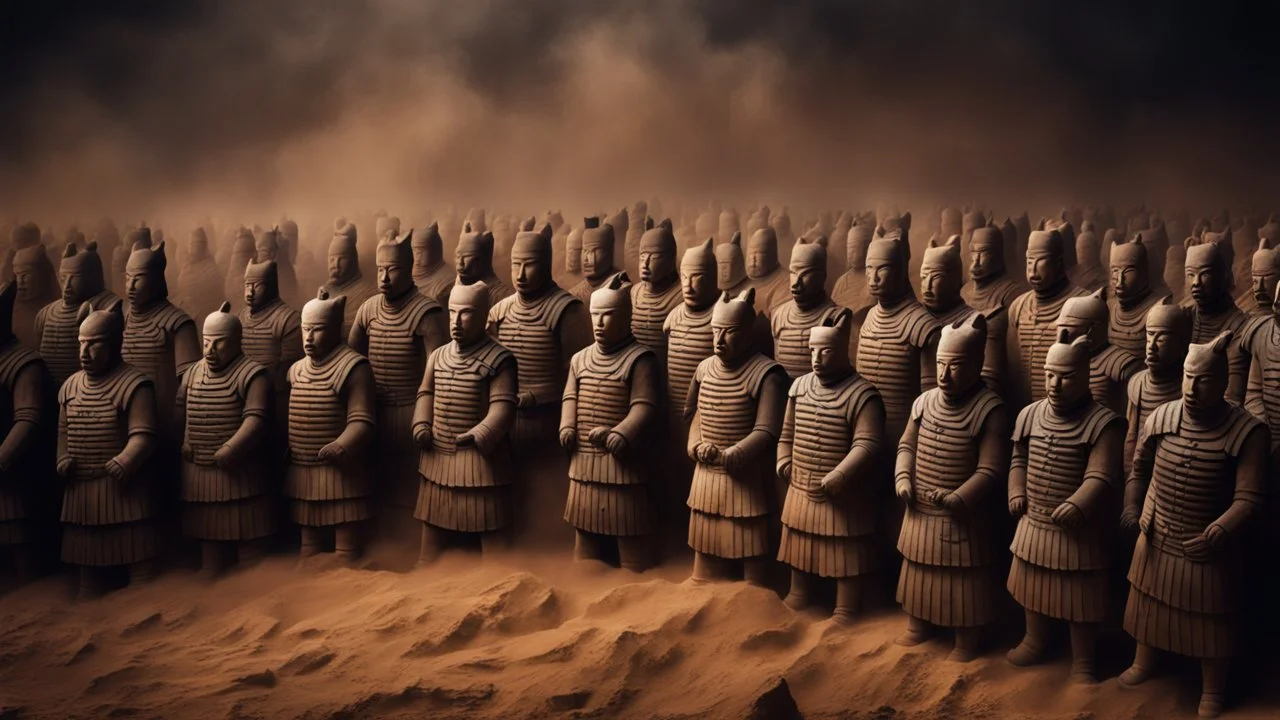 Hyper Realistic Photographic Middle Angle View of The Terracotta Army of the First Emperor of China at dark night with heavy sandstorm showing dramatic & cinematic ambiance