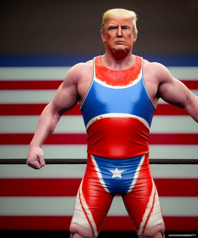 Realistic image of Donald trump wrestler, Mexican wrestling style, blood, eye liner, red and blue breeches, glow us flag dress, suspenders, retro style, 80s, vibrant color, highly detailed, clean background, concept art, unreal engine 5, god rays, ray tracing, RTX, lumen lighting, ultra detail, volumetric lighting, 3d, finely drawn, high definition, high resolution.