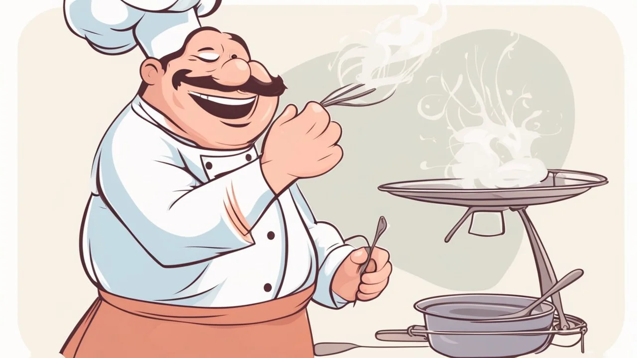 illustration. chef smiles bring whisk on his hand. pixar style