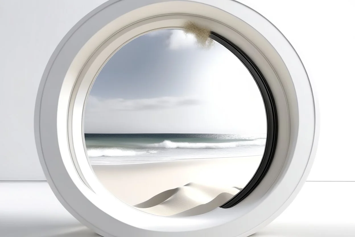 white,background,looking,through,a 3-d, hole,or,window,,a,seeing,paraddise,beach ,skulpture,like