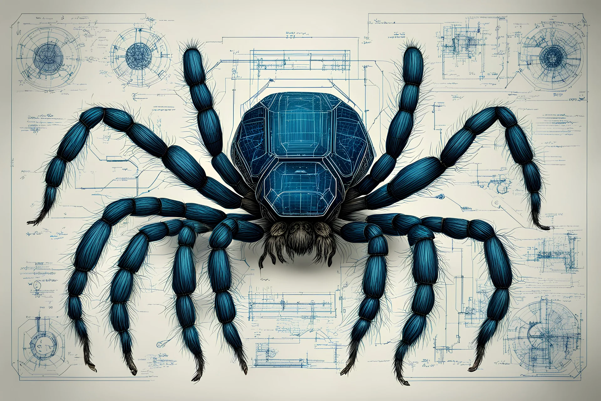 Hand drawn illustration , with detailed blueprints and engineering schematics of a nanobot Tarantula, with highly detailed facial features, detailed drawings, and technical notation, 8k, vibrant natural colors