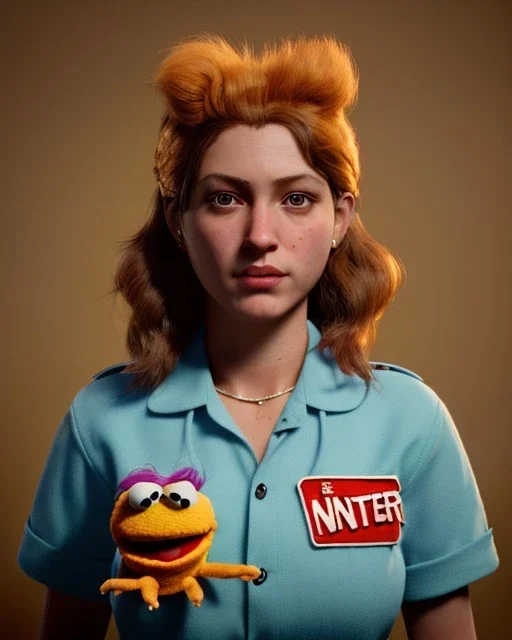 Portrait, waitress woman with monster muppet mask that covers her entire head, retro style, Sesame Street style, gold, smooth, unreal engine 5, god lights, ray tracing, RTX, lumen lighting, ultra detail, volumetric lighting, 3d.