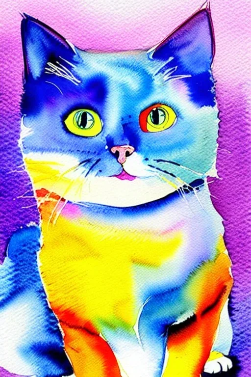 watercolor painting, happy cat, bright color,