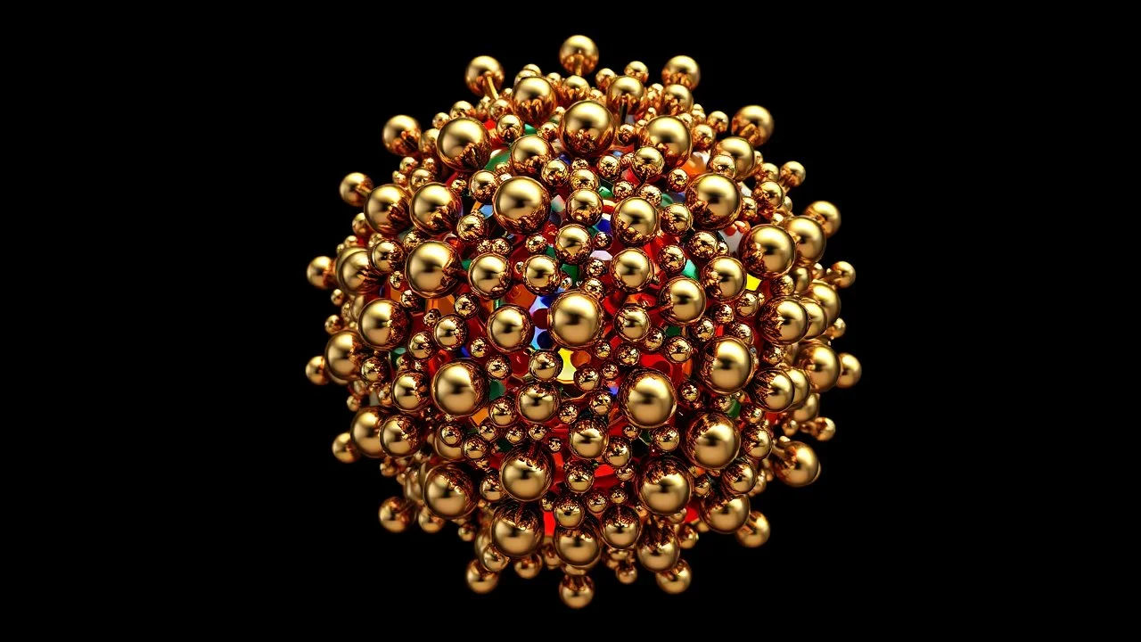 a mandelbulb 3d fractal made of small metallic color spheres
