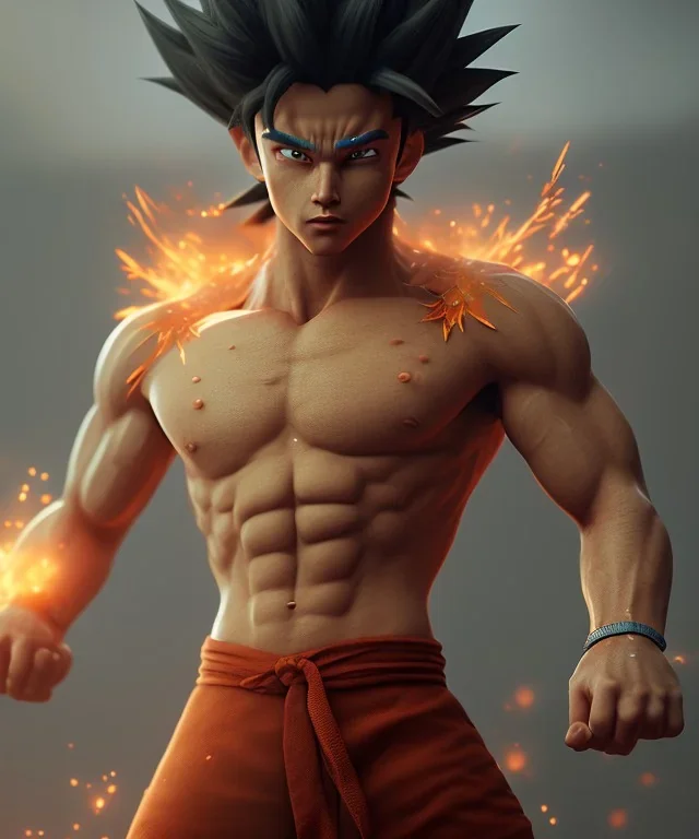 Goku, avatar style, fighting pose, muscular body, shirtless, volumetric details, hyper realism, unreal engine 5