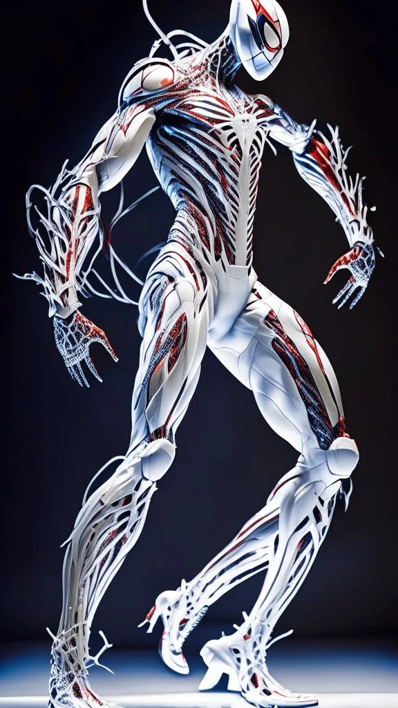 Arte lineal Spiderman cyborg de pie, full body calidad ultra, hiperdetallado, maximalista, color blanco, increíble obra de arte piernas completas pies completos