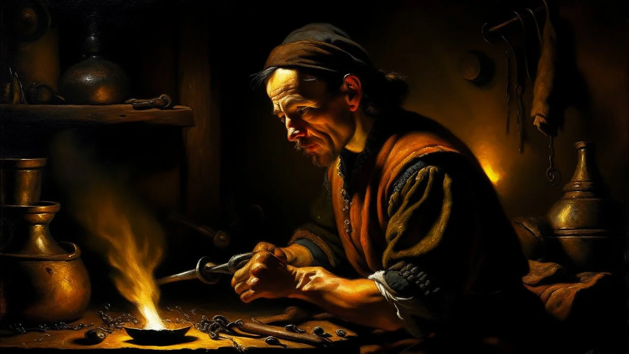 Detailed oil painting of a blacksmith at work, sweat glistening on his face, intricate details of the forge and tools, by Johannes Vermeer and Rembrandt, (close-up), dramatic lighting from the fire, dark tones with pops of warm light.