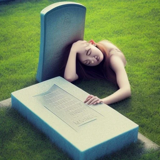 Woman crying laying next to a tombstone, cute, beautiful