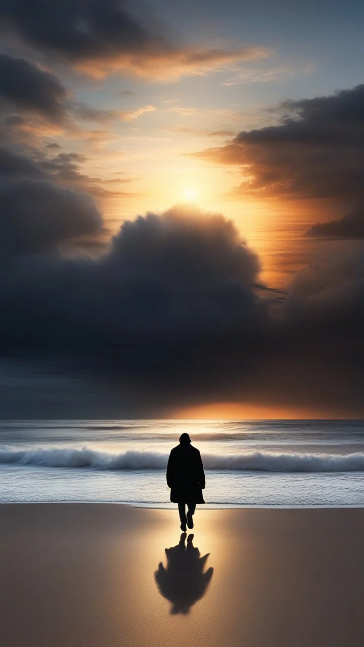 A lone figure walking along a vast, empty beach at sunset, a big creature blurred face appeared behind a mysterious cloud ,their silhouette stark against the hyperrealistic sky reminiscent of the work of Halim Ghodbane, with crashing waves rendered in the detail of Jason De Graaf. (combines Halim Ghodbane & Jason De Graaf)