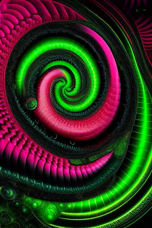 Portrait photography, big snail on a leaf , vector art, maze , in the style of H.R.Giger, intricate details, fractal, black background, vivid psychedelic colours, gradients, fluorescent, bioluminescent, 35mm lens, vivid colours, DMT art--ar 2:3