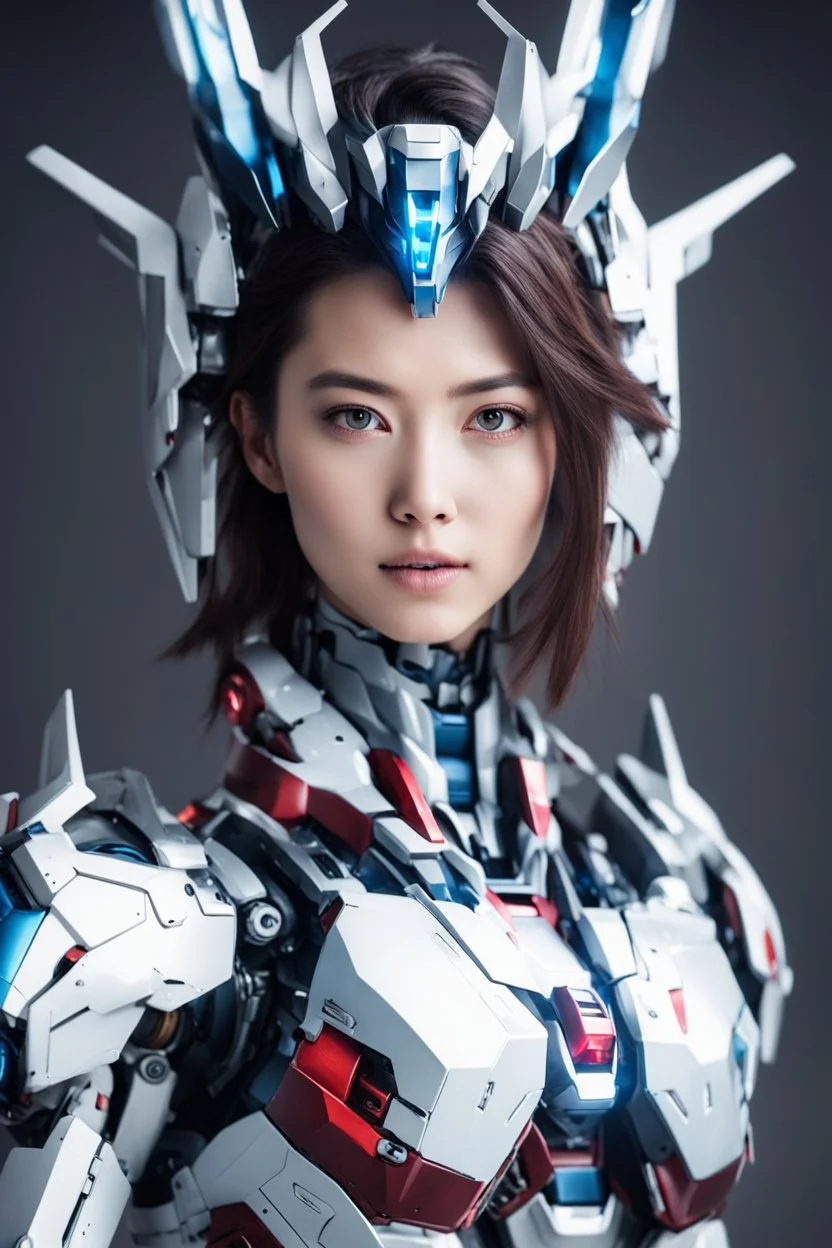 Realistic Photography beautiful woman as cyborg with body full gundam robotic