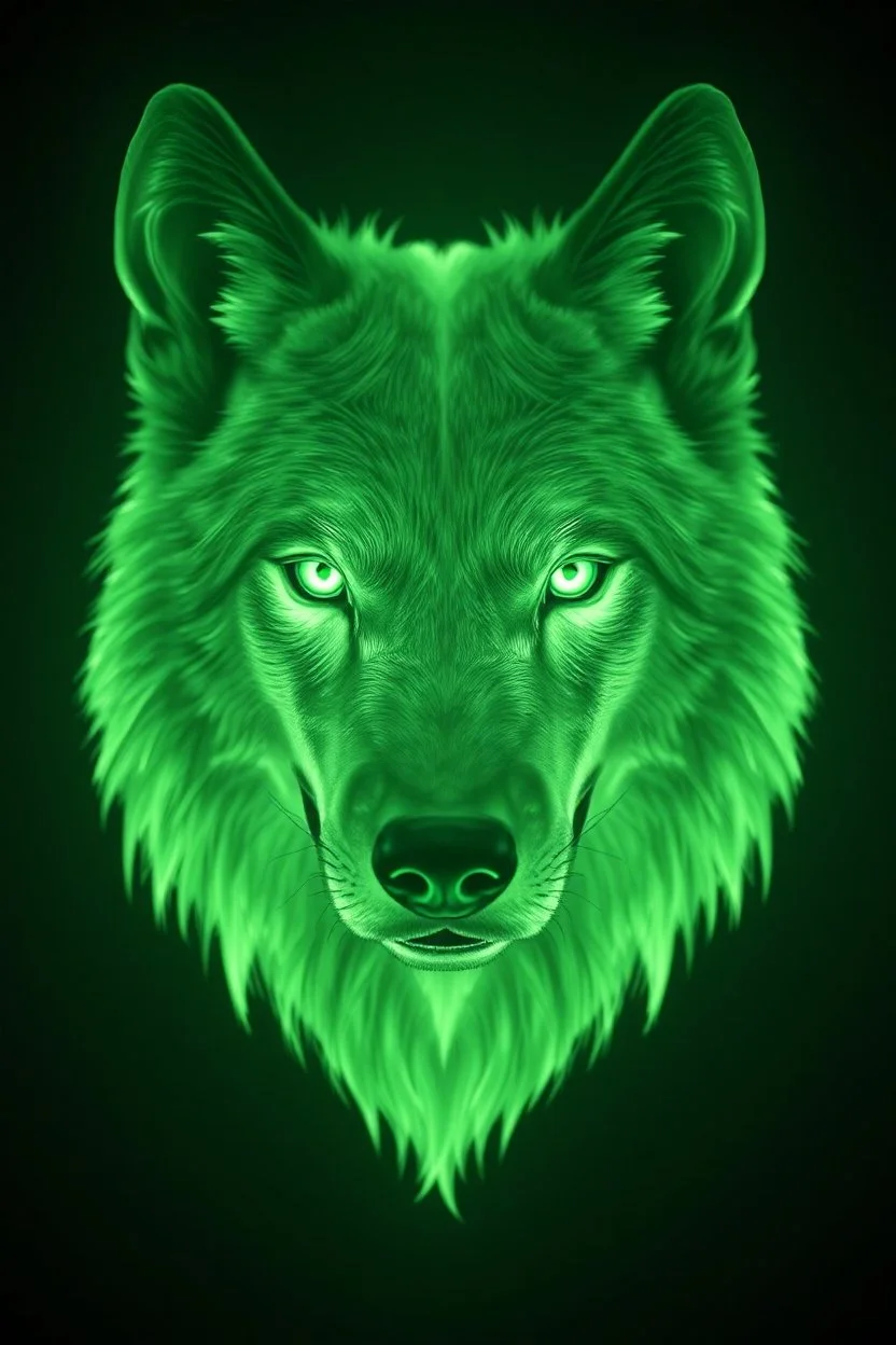 A transparent, hollow, glowing, wolf , cinematic photo , 8k, high resolution for a big head in dark green