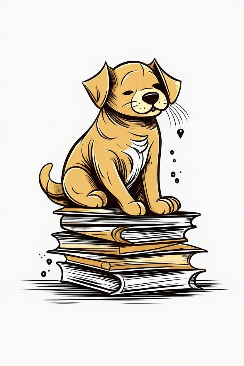 A cool cat perched on top of a stack of books, looking down at a goofy golden retriever puppy with a knowing smile. Style: Minimalist, with simple lines and shapes. Mood: Wise and curious. Lighting: Soft, diffused light. T-shirt design graphic, vector, contour, white background.and energetic. Lighting: Bright and flat colors. T-shirt design graphic, vector, contour, white background.