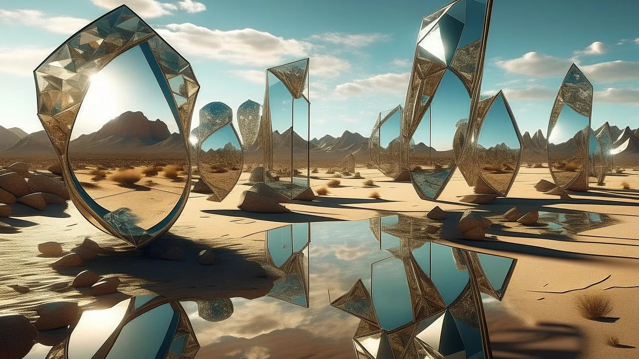 A surreal digital art piece showcasing mirrors scattered across a desert, each reflecting different lost civilizations