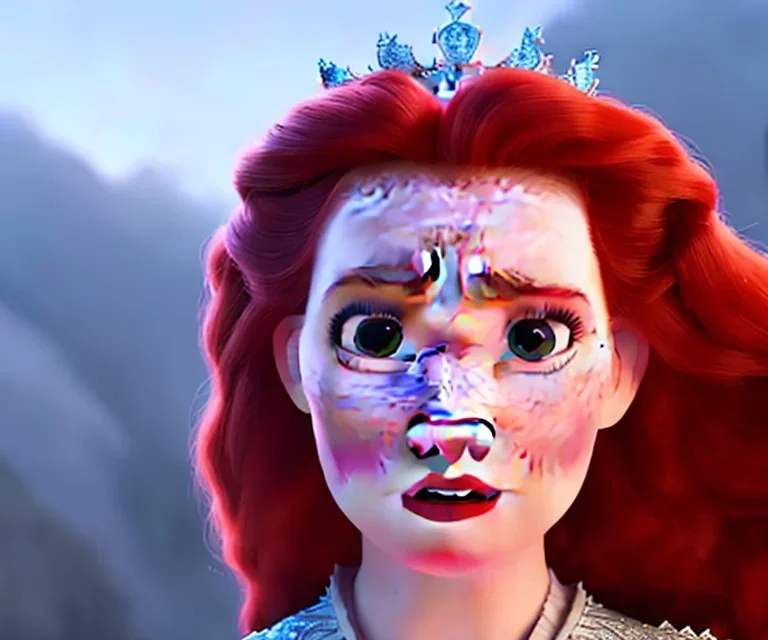 Very young Modern looking Mary queen of scots ,Dressed in Battle fatigue , with long Red hair, electric blue eyes, pouting red lips,diamond crown , the most beauiful portrait , vintage pixar