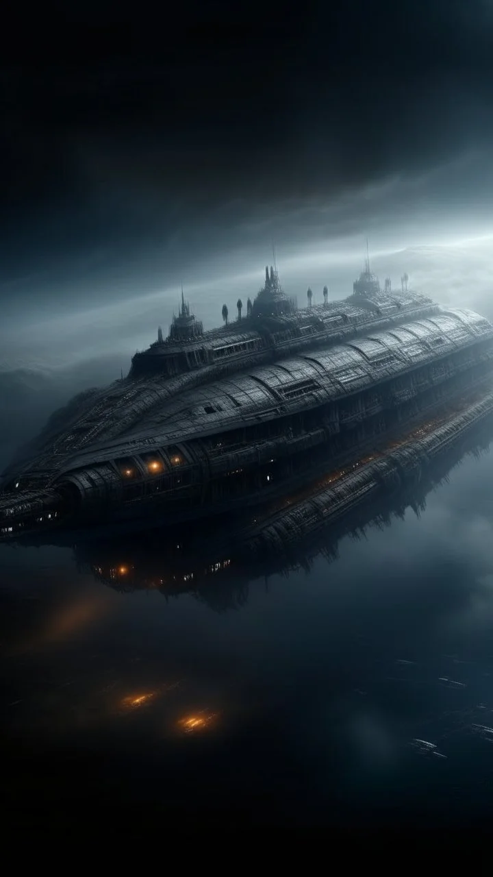 ,surrealism of the dark of a nightmare , hyper photorealistic, hyper detailed dark art color, high resolution, fog, octane render, tilt shift, HDRI Environment, all pictures dark gray, a long cigar shape spaceship in the sky