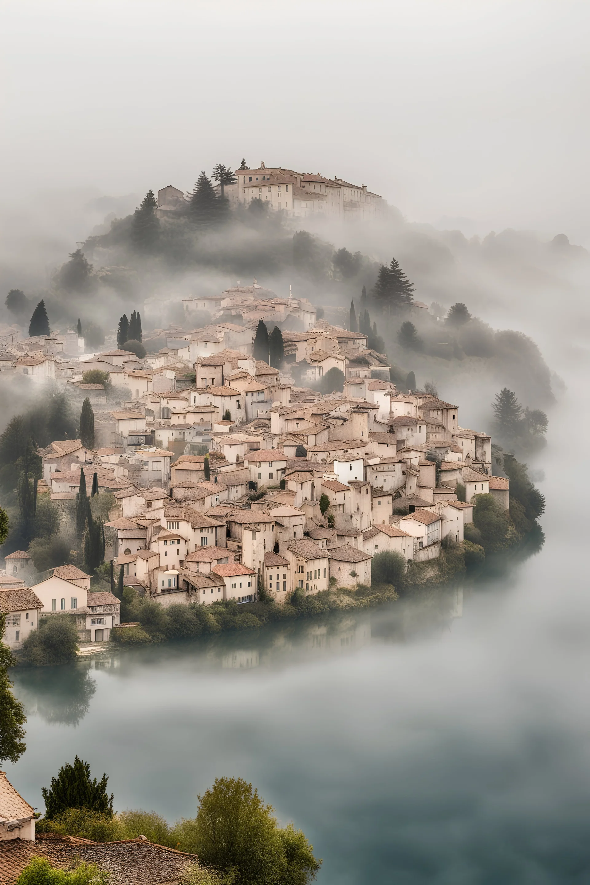 small lake town in south France covered in fog