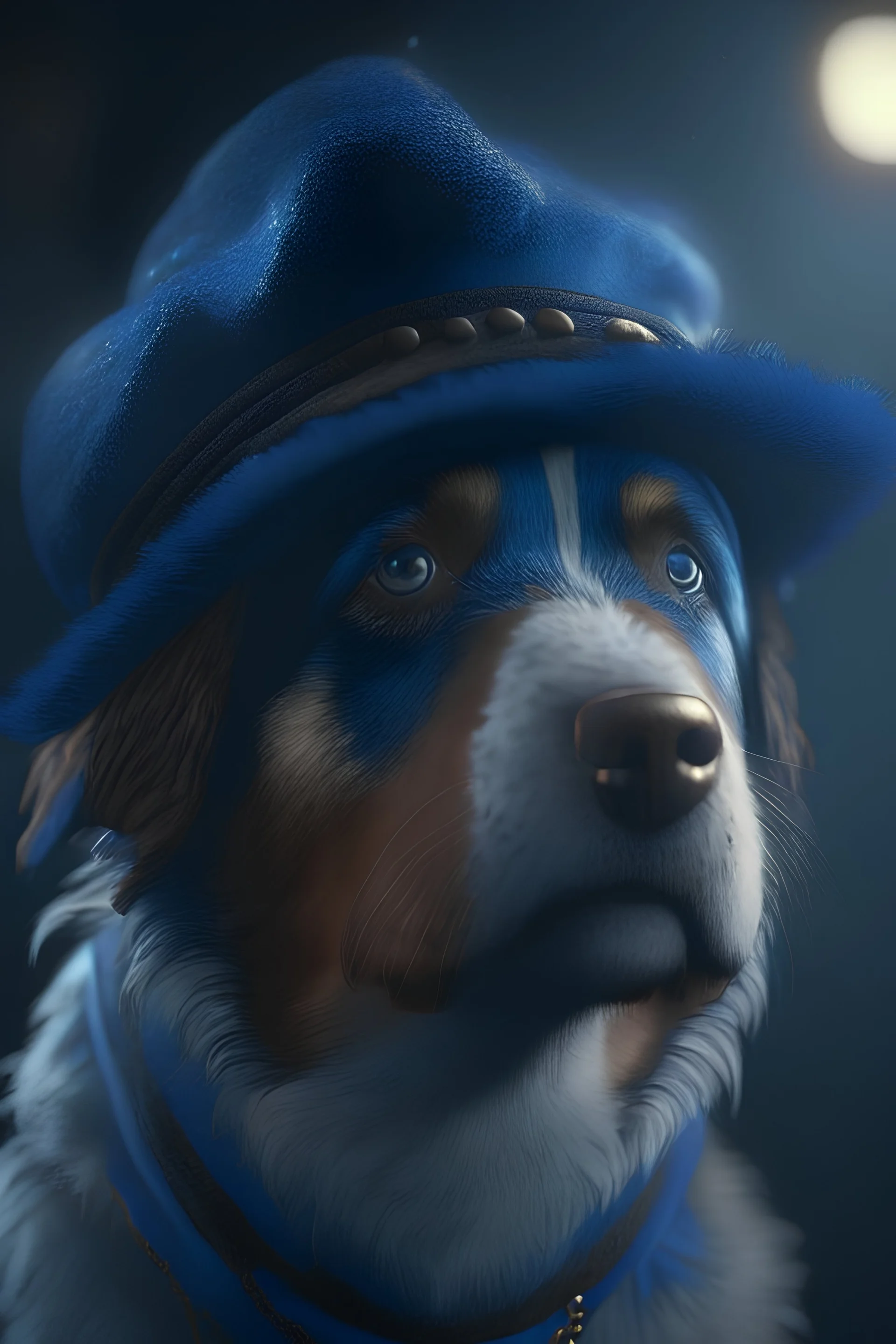 A dog with a blue hat and pin fur, Unreal Engine, cinematic lighting, dark