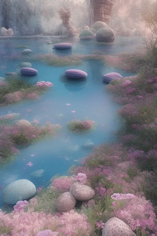 lac turquoise, petit rocher avec mousse, fleurs rose et blance, dome précis détaillé, etoile filante, cristaux, vray