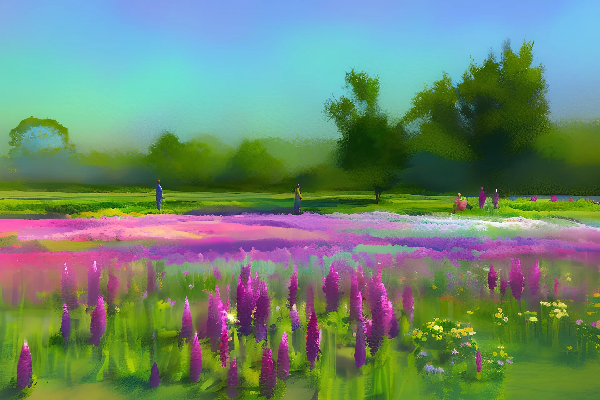 Ink and alcohol, in style of Blanche Fisher Wright, youngsters playing in field of flowers. 3D impasto.