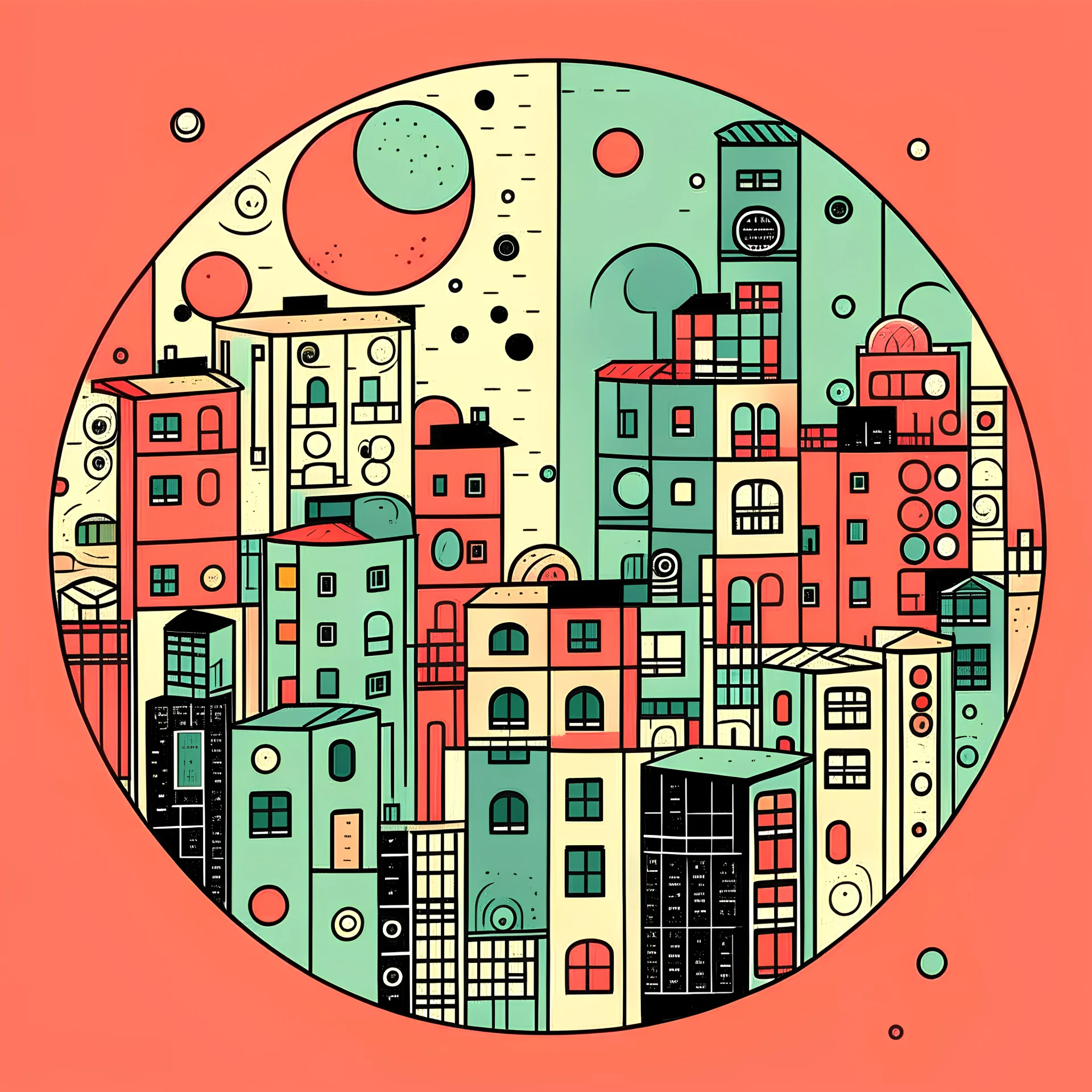 circles and squares living in a city, cartoonish